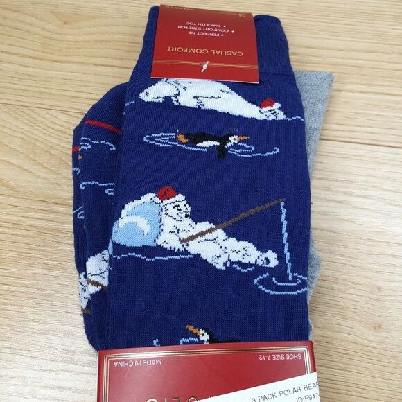 PERRY ELLIS Dress Socks 3-Pack Blue Black Gray Polar Bear Winter Stripe Solid - Picture 2 of 5